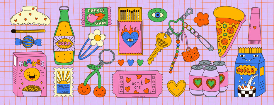 Set of funky y2k food snacks and various teenage trinkets. Weird hand-drawn illustrations of keychain, soda cans, milk pack, hairpins, matches box, ticket. Surreal doodles trendy vector design