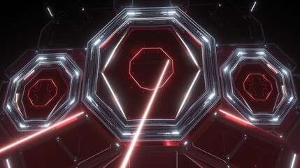 Fototapeta premium Futuristic tunnel with glowing octagonal structures. Red neon lines create dynamic visual effect. Dark background emphasizes bright illumination.