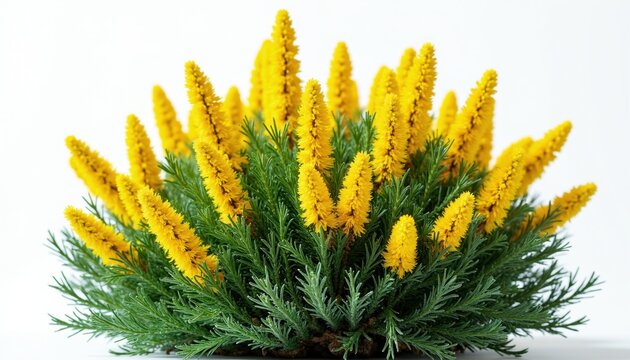 Yellow gorse bush blooms with spiky green leaves on a white background. Tiny bright yellow flowers grow in clusters atop dense foliage. Nature plant detail, close up.
