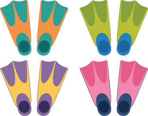 Swimming flippers, playful colorful swim fins vector set for water sports beach lifestyle and pool activity graphics. © Neal Bailey
