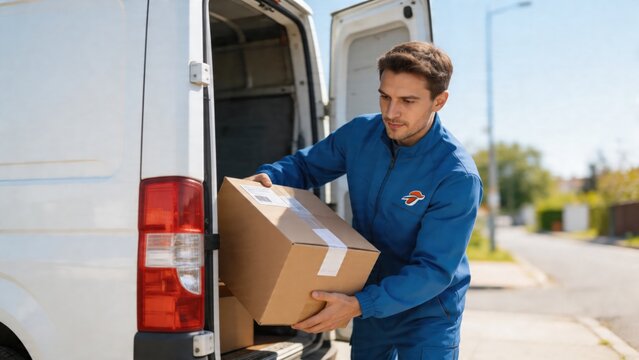 A delivery man in a blue uniform carefully unloads a cardboard box from the back of a white van on a suburban street, ensuring safe and efficient delivery of goods.