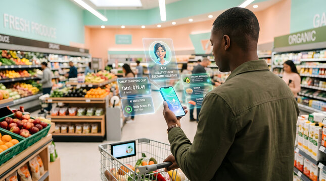 Black man using smartphone with holographic AI grocery assistant and healthy food recommendations in modern supermarket