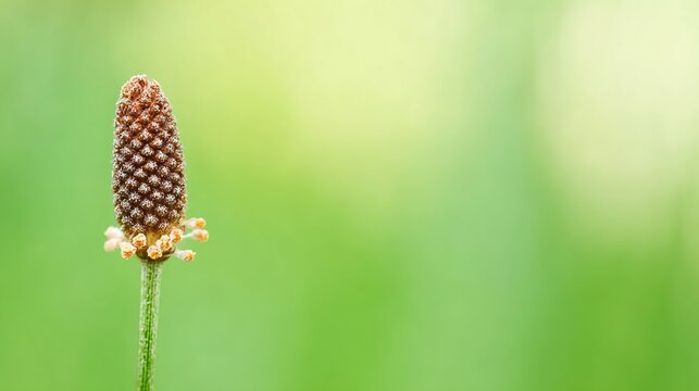 plantago. Extreme close-up of a plantago plant's spike covered in tiny brown seeds. gardening catalogs, home-decor guides, designed for gardening and botanical catalogs, used by art directors.
