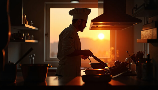 Chef expertly cooking in evening kitchen silhouette, culinary artistry