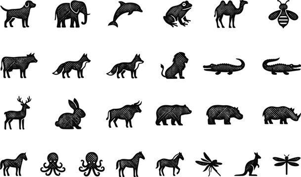 Animal icons silhouette vector illustration featuring wildlife motifs, decorative creature designs, abstract nature patterns, and modern artistic style
