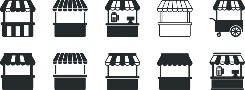 Marketplace and street vendor stall icons collection with retail kiosks carts awnings and shop booth vector set