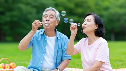Fototapeta premium Joyful Moments in the Park: A senior couple share a whimsical moment in a park, blowing soap bubbles as they bask in the warm, setting sun.