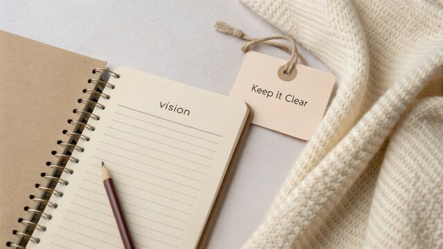 Inspiring Note-taking Scene Featuring Open Notebook with Vision Header, Pencil, and Tag with Keep it Clear Message on Soft Background