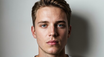 Fototapeta premium Focused Expression: Captivating portrait of a young man, his intense gaze drawing the viewer into a moment of thoughtful reflection. Capturing the essence of human expression with striking clarity.