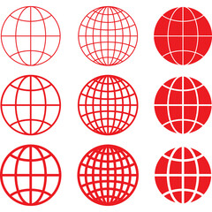 Set of Red Globe Grid Icons with Various Line Weights and Styles Vector Illustration © MD