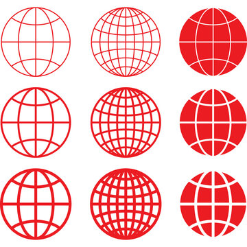 Set of Red Globe Grid Icons with Various Line Weights and Styles Vector Illustration