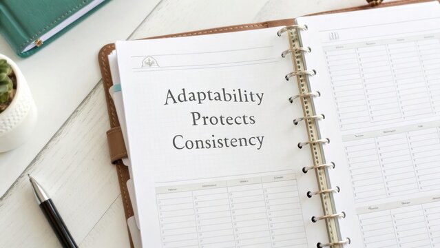 Inspirational Quote About Adaptability and Consistency in Modern Workspace Setting with Planner and Pen on Table