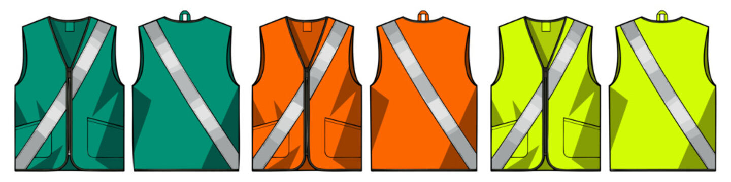 Safety vest with diagonal reflective sash. High visibility waistcoat set: green, orange and yellow. Worker uniform mockup on transparent background.