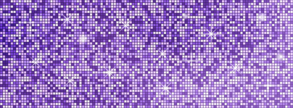 Disco ball pattern with mirror mosaic texture. Purple sequin background. Seamless nightclub bg.