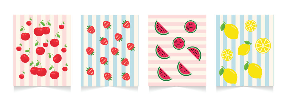 Collection of abstract fruit poster. Retro abstract Fruit Market posters, colorful fruit summer poster. The set includes various fruit patterns such as cherries, strawberry, watermelon, and lemons.