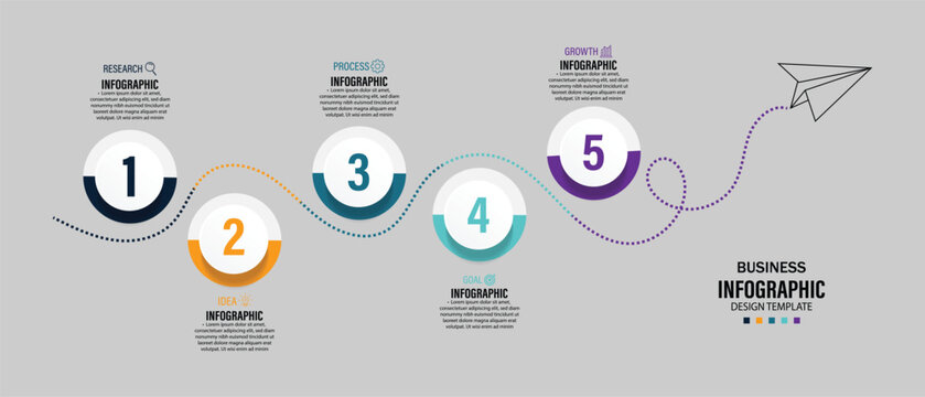 Infographic design template. Timeline concept with 5 steps. Presentation business infographic template vector. Infographic template. Path with paper plane. Five steps infographic diagram.