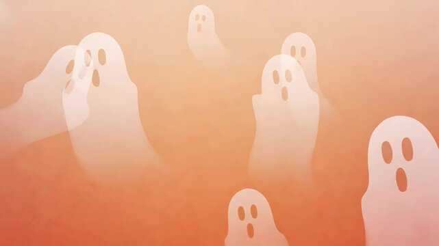 Halloween animation featuring floating white ghosts on a warm orange gradient background. Spooky motion graphic ideal for seasonal intros, social media, party visuals, and festive video projects.