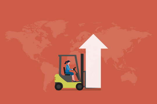 Business logistics concept illustration of forklift operator lifting upward arrow symbolizing global trade growth, supply chain success, export expansion