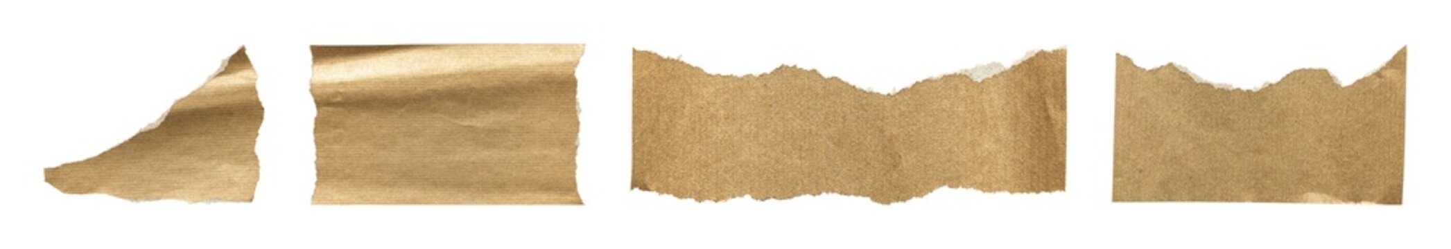 Four torn pieces of brown paper with jagged edges on a white background.