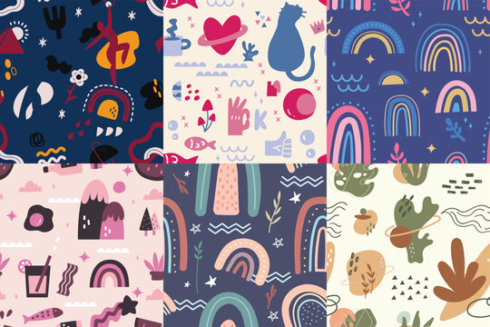 Set of six trendy seamless patterns with rainbows cats hearts and abstract shapes.