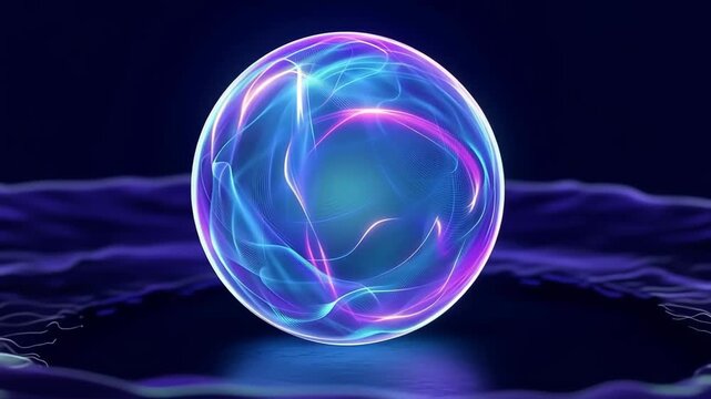 Abstract glowing energy sphere on dark blue background, transparent orb with neon pink and cyan fluid smoke curves, creative visual element for artificial intelligence, quantum computing, data fusion,