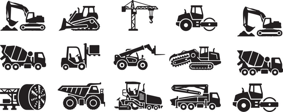 Heavy Construction Machinery and Vehicles Glyph Icon Set: Solid Vector Symbols for Building Site Equipment Including Excavator, Bulldozer, Crane, Forklift, and Concrete Mixer Isolated on White Backgro