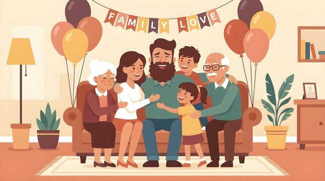 Illustration of a father receiving a special gift from his family in the living room.