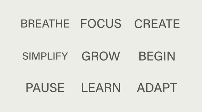 An empowering collection of nine mindful action verbs promoting continuous personal development, self-improvement, and positive habits for a more balanced and fulfilling life journey