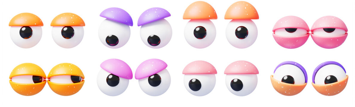 Cartoon 3D googly eyes set with colorful lids and pupils. Funny comic eyeballs for character or emoji. Playful rotating spheres, cute round shapes for animated expression in design