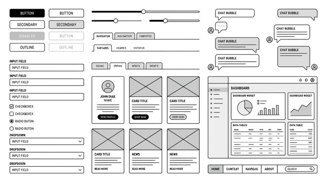 A comprehensive collection of user interface design elements and wireframe layouts for web and app development, featuring buttons, input fields, sliders, and navigation bars