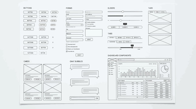 Modern digital user interface design concept illustrating various wireframe elements, forms, and interactive components for software and web application prototyping