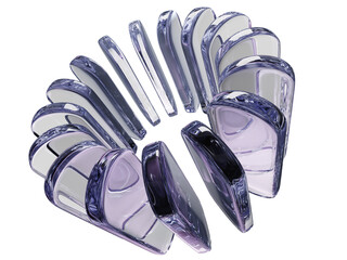 Fototapeta premium Abstract glass black 3D background with crystal light holographic rectangle plates rounded shapes. Purple blue gradient transparent lens, circle array, radial design, futuristic tech