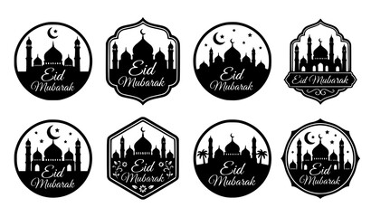 Eid Mubarak mosque silhouette set with Islamic crescent moon and star designs isolated on white background © MdShohagAhammad