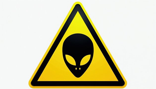 Yellow triangle warning sign with black alien head symbol. Graphic shows caution alert for extraterrestrial presence. Safety symbol for unknown danger, paranormal activity, UFO sighting.