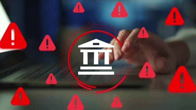 Phishing, identity theft and online banking protection. Financial fraud and cybersecurity scam concept with warning symbols and secure system interface. 