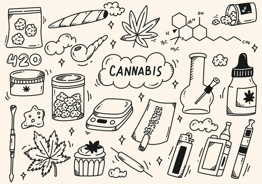 Set of hand drawn doodle cannabis elements for decorations and cards marijuana illustration.