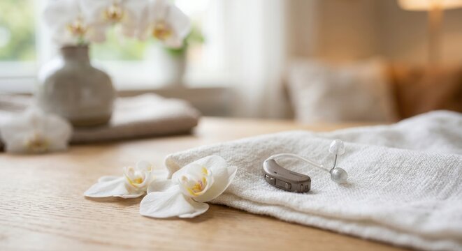 A discreet hearing aid resting on a soft white towel with delicate orchid petals, representing advanced auditory care and personal wellness.