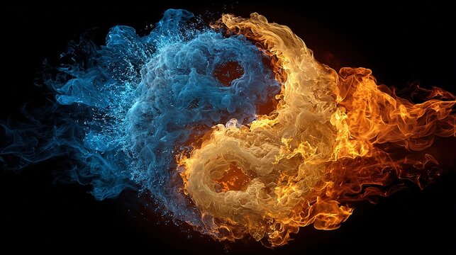 Abstract yin-yang shape formed by water and fire textures, symbolic energy