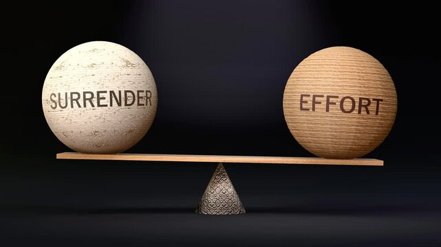 Surrender and Effort in balance - balancing spheres on a scale symbolizing harmony, equity and equilibrium between surrender and effort. Harmonious and beneficial situation. Made by human for humans
