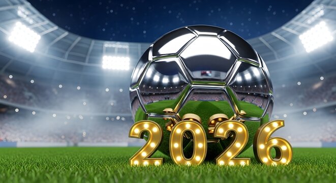 2026 fifa world cup soccer ball and stadium with golden year display