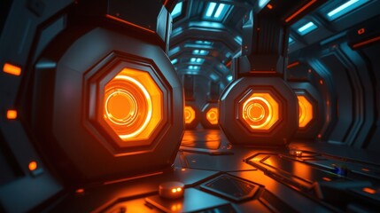Fototapeta premium Futuristic corridor. Orange lights illuminate dark metallic walls, creating intense depth. Geometric shapes dominate space.