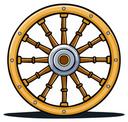 Obraz premium Cartoon illustration of a rustic wooden wheel with spokes and metal accents, vintage design, farm equipment, or pirate ship element