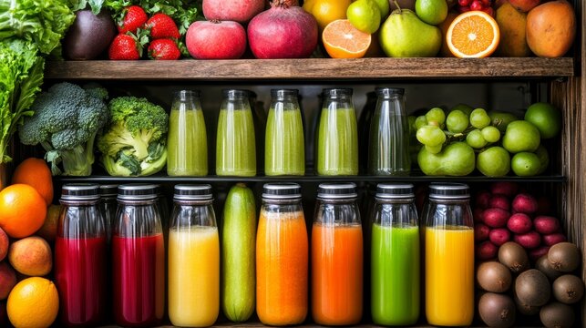 Colorful fruit and vegetable juices in glass bottles on wooden shelves with fresh produce.