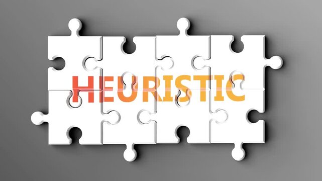 Heuristic being a complex topic - puzzle pieces with word heuristic coming together to make a whole. Heuristic made of many fitting parts, a compound subject.