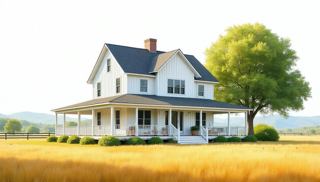 Two story modern farmhouse with wrap-around porch sits in a golden field. Tall green tree stands beside house. Hills and sky form backdrop. Rural landscape view.