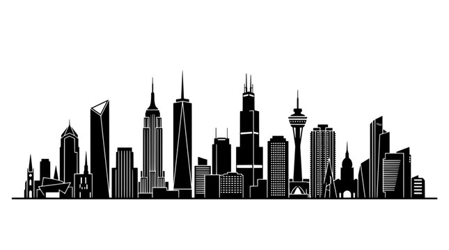 Skyline cityscape with iconic buildings and skyscrapers in black and white featuring architecture, urban, silhouette with skyscraper and city