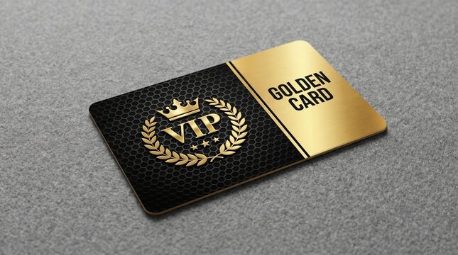 Exclusive vip golden membership card with crown and laurel wreath icons on a textured gray granite surface, exclusive