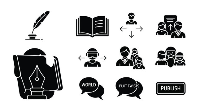 Creative writing and storytelling icons set, black solid book publishing symbols, literary world and plot twist vector elements for authors