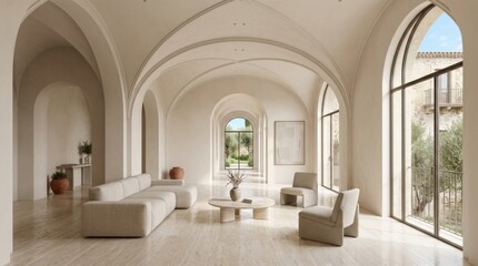 Fototapeta premium luxury modern living room with arched windows and neutral decor