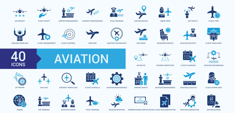 Aviation Icon Set Flat Blue Style Illustration Vector